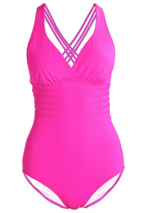 Hot pink one-piece swimsuit featuring crisscross straps, gathered texture at the bust, and high-cut legs with contrasting white lining.