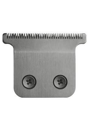 Metalen scheerkop met fijne tanden en twee Phillips-schroeven voor bevestiging, ontworpen voor haarknip- of verzorgingsgereedschap.
