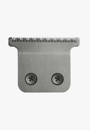 Metalen scheerkop met fijne tanden en twee Phillips-schroeven voor bevestiging, ontworpen voor haarknip- of verzorgingsgereedschap.