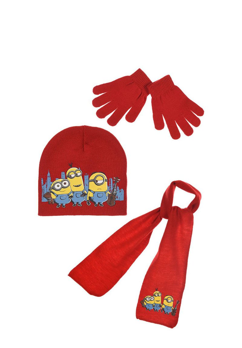 Set composto da cappello lavorato a maglia rosso, sciarpa e guanti, caratterizzato da tre personaggi dei cartoni animati. I guanti hanno polsini a coste. La sciarpa è liscia con cuciture a vista.