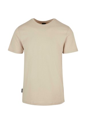 Béžové tričko s krátkym rukávom vyrobené z bavlny, s okrúhlym výstrihom, bežným strihom a malou logovou etikettou na dolnom ľavom šve.