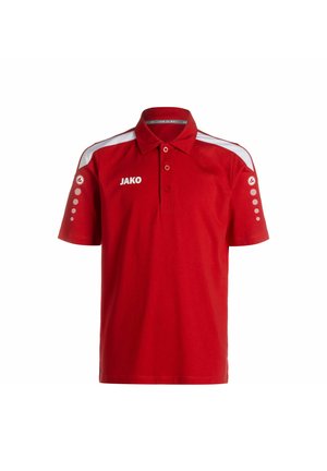 T-shirt polo rouge, manches courtes, en mélange de coton. Accents blancs sur les épaules, patte de boutonnage à trois boutons, logo "JAKO" imprimé sur la poitrine. Design simple.