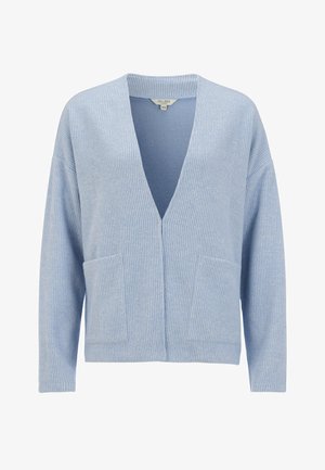 Lichtblauwe geribbelde cardigan met een diepe V-hals, lange mouwen en twee voorzakken. Zachte textuur, casual ontwerp en relaxte pasvorm.