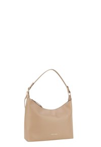 Borsa a tracolla beige con texture, forma curva, manico corto e branding sottile sul fondo. Materiale in ecopelle liscia.