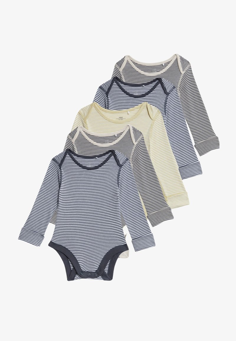 Vier lange mouwen bodysuits in verschillende gestreepte patronen; kleuren zijn marineblauw, lichtgeel en roomkleurig, gemaakt van zachte katoen met drukknoopsluitingen.