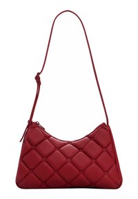 Red leather handbag with a quilted design and rounded shape. Features a single adjustable strap and a top zipper closure. Smooth texture.