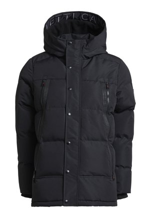Giubbotto a vento nero con colletto alto, chiusure a scatto, due tasche laterali con zip, texture trapuntata e etichetta interna con marchio.