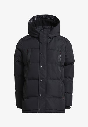 Schwarze Pufferjacke mit hohem Kragen, Druckknopfverschlüssen, zwei seitlichen Reißverschlusstaschen, gestepptem Design und einem Markeninnenschild.