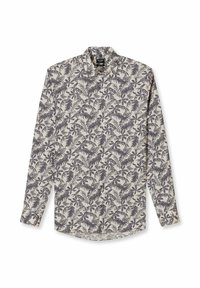 Beiges Langarmhemd mit schwarzem botanischem Blattmuster, durchgehender Knopfleiste und klassischem Kragen, flachliegend auf weißem Hintergrund.