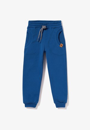 Niebieskie spodnie dresowe z elastycznym pasem i sznurkiem, wyposażone w dwie duże boczne kieszenie oraz ściągacze na końcach nogawek. Gładka faktura i prosty design.