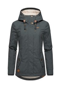 Dark gray waterproof jacket with a hood, two front pockets, gold hardware, and a soft interior lining. Adjusting drawstring at the neck.