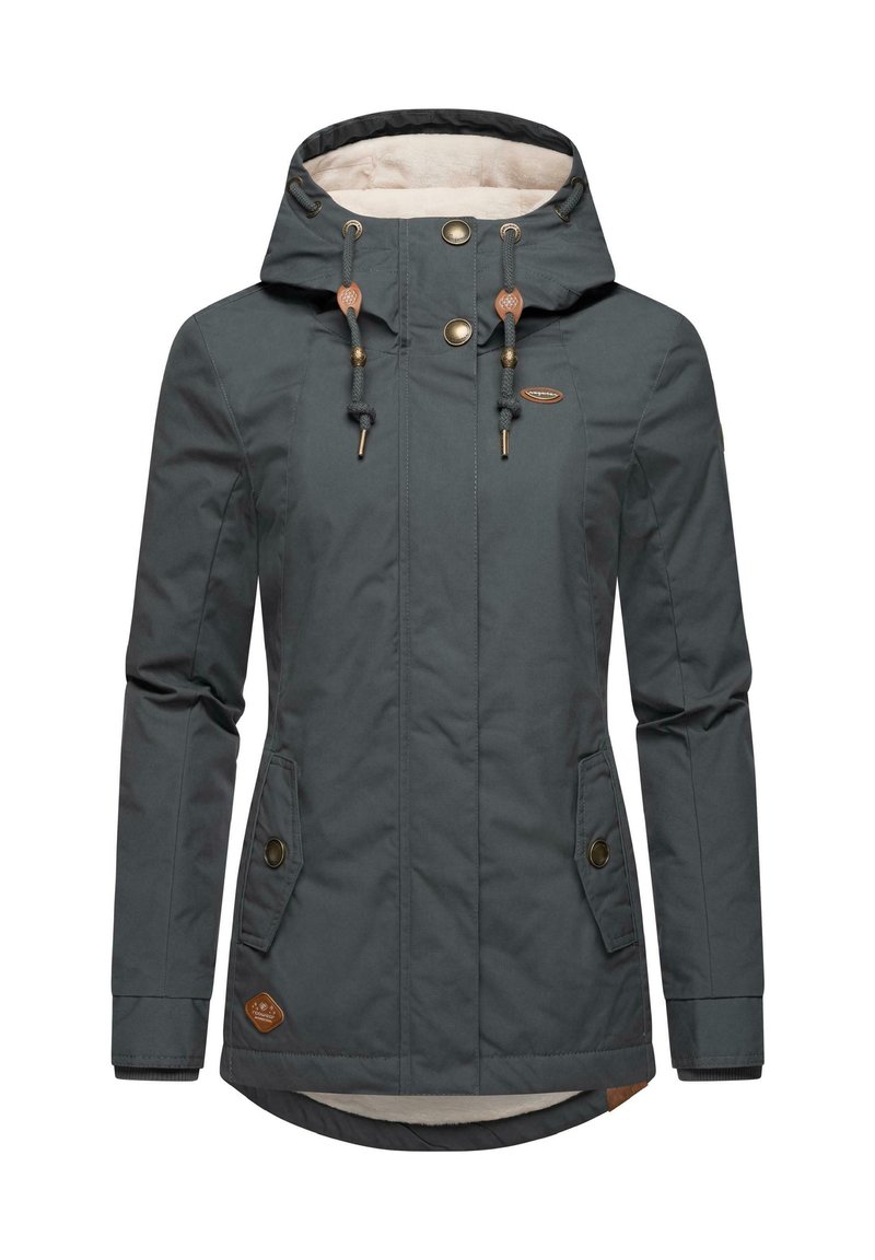 Dark gray waterproof jacket with a hood, two front pockets, gold hardware, and a soft interior lining. Adjusting drawstring at the neck.