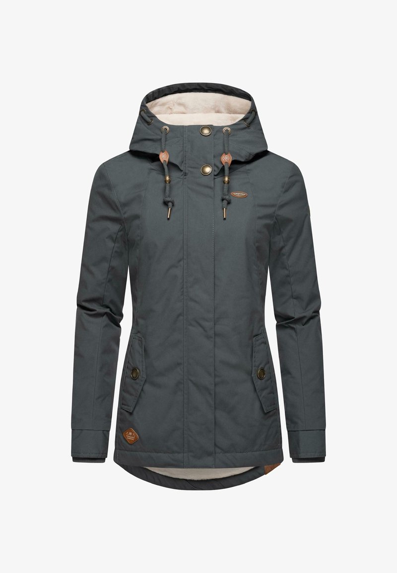 Dark gray waterproof jacket with a hood, two front pockets, gold hardware, and a soft interior lining. Adjusting drawstring at the neck.
