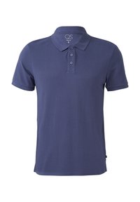 Granatowa koszulka polo wykonana z bawełny, z kołnierzykiem, listwą na trzy guziki i krótkimi rękawami. Gładka faktura, standardowy krój.