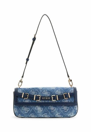 Sac à bandoulière Guess en denim bleu avec motif matelassé du logo, sangles décoratives à l'avant avec boucles couleur or, et bandoulière fine ajustable.