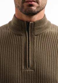 Bruine geribde pullover met een hoge kraag en een korte rits. Heeft een gestructureerde stof en een getailleerd ontwerp, geschikt voor lagen.