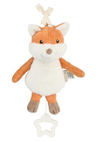 Stuffed fox toy with orange corduroy body, white plush belly, embroidered eyes, and a hanging star-shaped attachment at the bottom.