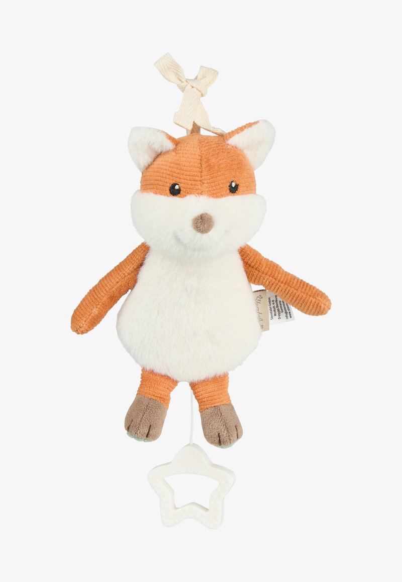 Stuffed fox toy with orange corduroy body, white plush belly, embroidered eyes, and a hanging star-shaped attachment at the bottom.