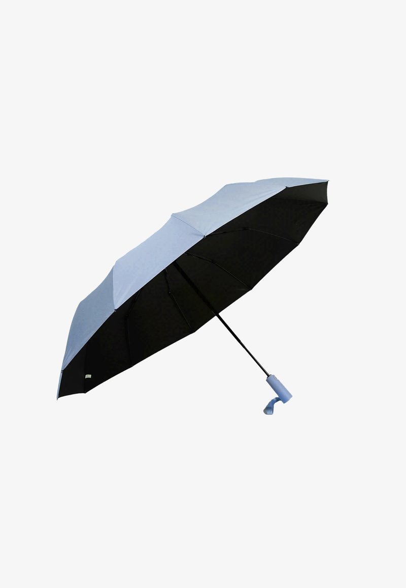 Black and light blue umbrella with a curved handle, eight panels, and a smooth fabric texture. Features a manual open mechanism.