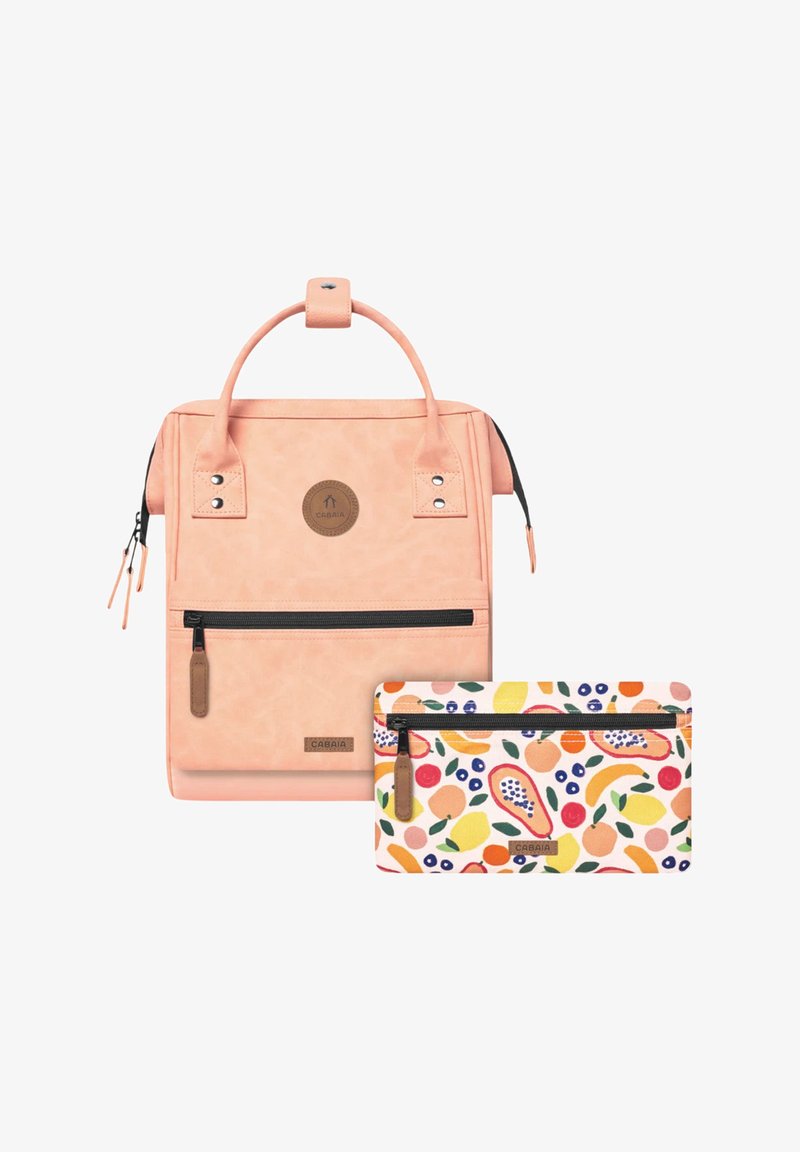 Peach-colored backpack with a smooth texture, featuring dual handles, a front zipper pocket, and a detachable patterned pouch with fruit designs.