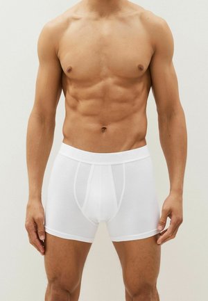 Bărbat musculos purtând chiloți tip boxeri albi simpli, în picioare pe un fundal neutru, brațele relaxate pe lângă corp.