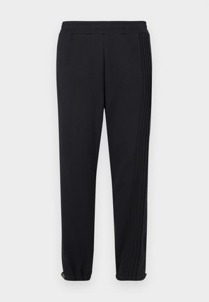 Black athletic pants with an elastic waistband, tapered cuffs, and three vertical stripes along the sides. Made of lightweight fabric.
