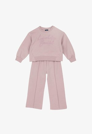 Conjunto de dos piezas de algodón rosa que incluye un sudadera corta con bordado "Ama lo que es hermoso" y pantalones de pierna ancha a juego.