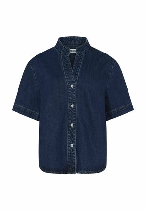 Short-sleeve denim shirt in dark blue with a band collar, button front, and contrasting stitching. Features a relaxed, boxy fit.