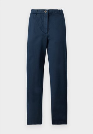 Granatowe bawełniane spodnie z płaskim przodem, zamkiem błyskawicznym i guzikiem, bocznymi kieszeniami oraz prostymi nogawkami. Gładka faktura, bez wzorów.