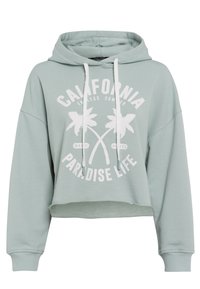 Mintgroene cropped hoodie van zacht materiaal met een grote witte graphic featuring palm bomen en de tekst "California Paradise Life."