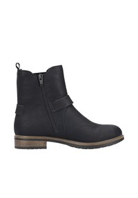 Bottines noires en simili cuir avec zip sur le côté, accent de sangle et un petit talon empilé. Elles présentent une finition texturée et une forme de bout arrondi.
