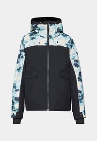 Černá izolovaná bunda s tie-dye potiskem, se zipem vpředu, kapucí a dvěma předními kapsami. Obsahuje kontrastní barevné akcenty a nastavitelné šňůrky.
