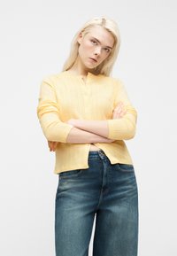 Ξανθιά γυναίκα με σταυρωμένα χέρια, φοράει ένα ανοιχτό κίτρινο πουλόβερ με κουμπιά και ψηλόμεσο μπλε τζιν, μπροστά από μονόχρωμο φόντο.