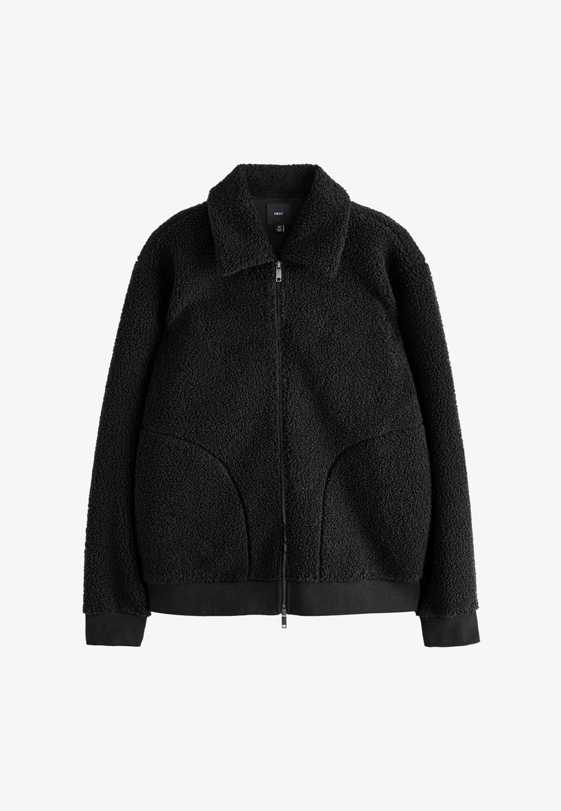 Czarna polarowa kurtka z kołnierzem, pełnym zamkiem, bocznymi kieszeniami, teksturowanym materiałem oraz ściągaczami przy mankietach i u dołu. Casualowy design zapewniający ciepło.