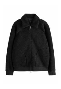 Veste en polaire noire avec col, fermeture  éclair intégrale, poches latérales, tissu texturé et poignets et ourlet côtelés. Design décontracté pour la chaleur.