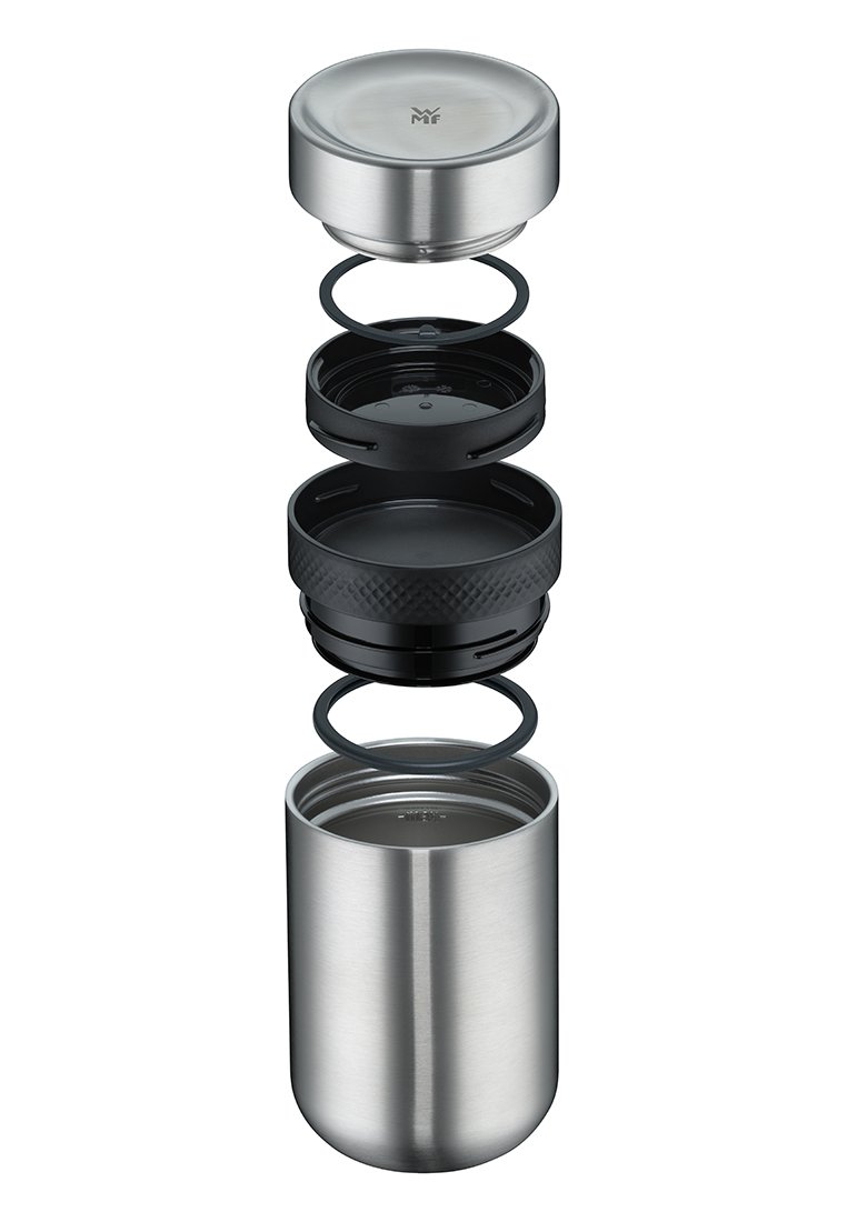 Izolowany pojemnik ze stali nierdzewnej z demontowanymi czarnymi plastikowymi pokrywkami i pierścieniami uszczelniającymi pokazany w widoku eksplodowanym.