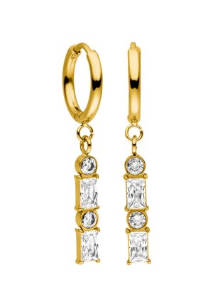 Złote kolczyki koła z wiszącym pionowym rzędem na przemian okrągłych i prostokątnych przezroczystych kamieni szlachetnych.