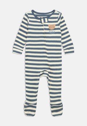 Body pentru bebeluși cu dungi albastre și albe, cu mâneci lungi, picioare acoperite, fermoar în față și un patch cu un ursuleț și textul „Beary cute”.