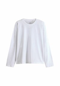Långärmad vit t-shirt i 100% bomull med en enkel rund halsringning, avslappnad passform och utan synliga mönster eller detaljer.