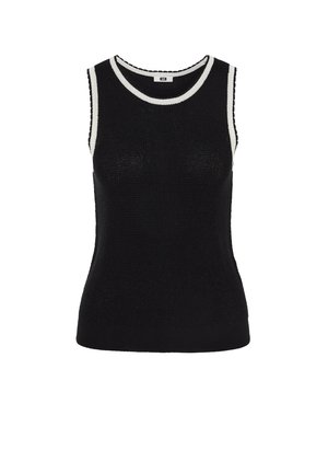 Czarny dzianinowy top bez rękawów z białym obszyciem wokół kołnierza i pach, dopasowany krój, prążkowany dół.