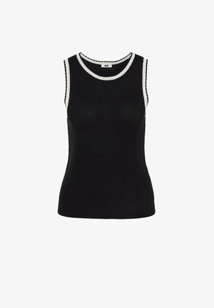 Czarny dzianinowy top bez rękawów z białym obszyciem wokół kołnierza i pach, dopasowany krój, prążkowany dół.