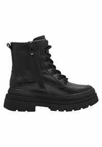Des bottines noires en cuir avec une semelle épaisse, une fermeture éclair sur le côté et des lacets à l'avant avec des œillets en métal pour un design robuste.
