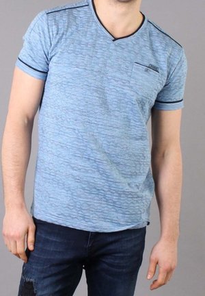 Light blue short-sleeve t-shirt with a textured pattern, V-neckline, and pocket detail. It features black trim on sleeves and neckline.