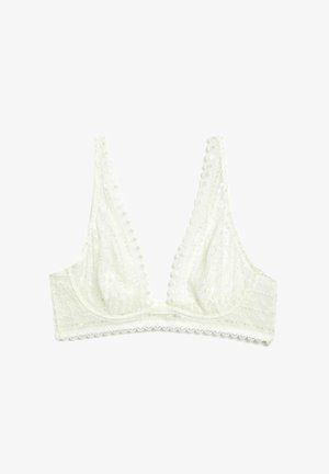 Weißer Spitzen-Bralette mit tiefem V-Ausschnitt, gewellten Rändern und zarten Blumenmustern auf weißem Hintergrund.
