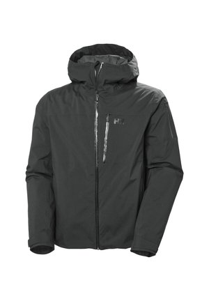 Chaqueta negra impermeable con capucha, presenta una cremallera frontal y un pequeño bolsillo en el pecho. Fabricada con material suave y duradero.