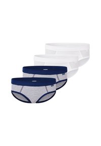 Quatre paires de culottes pour femmes comprenant deux paires blanches et deux paires bleu marine, dont une avec de fines rayures blanches, toutes avec une ceinture douce.