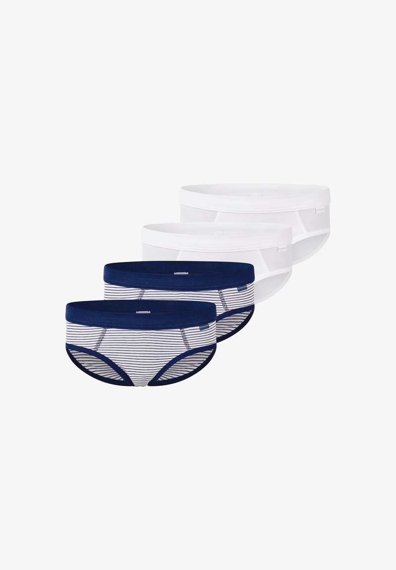 Four pairs of women's briefs featuring two white pairs and two navy pairs, one with narrow white stripes, all with a soft waistband.
