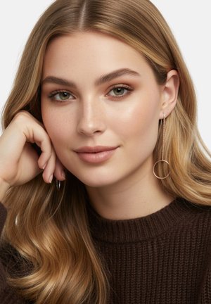 Jonge vrouw met lang blond haar, een donkerbruine trui en lange kettingoorbellen met ronde hangers, leunt met haar hoofd op haar hand.