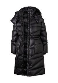 Long black puffer coat made of shiny material, featuring a hood, horizontal quilting, snap buttons, and a zippered pocket on the chest.