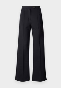 Black, wide-leg trousers made of smooth fabric featuring a front zip closure and a single button at the waistband. Tailored design with vertical seams.